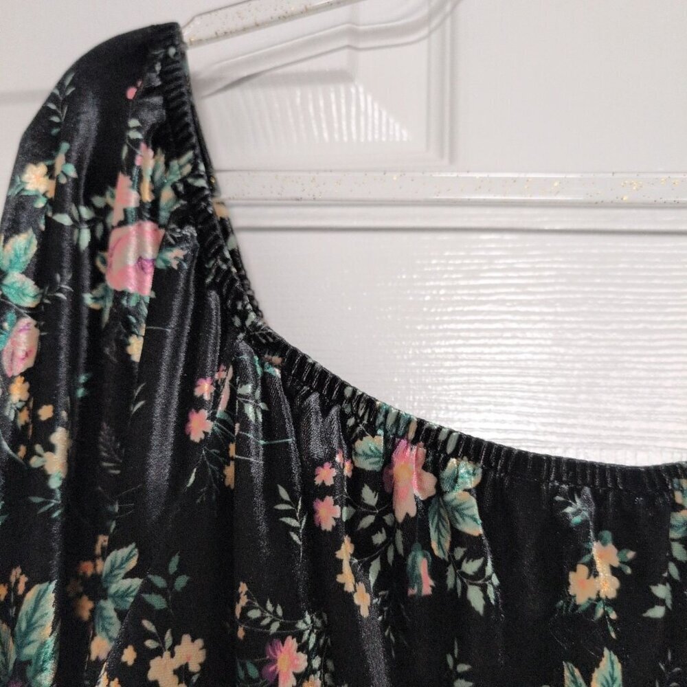Cato Velvet Floral Babydoll Shirt Womens Size Large Black Stretch Peasant Blouse - Picture 8 of 8